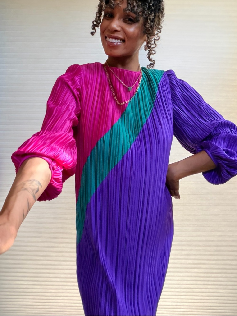 Vintage 80s Lisa Michaels Pleated Colorblock Dress
